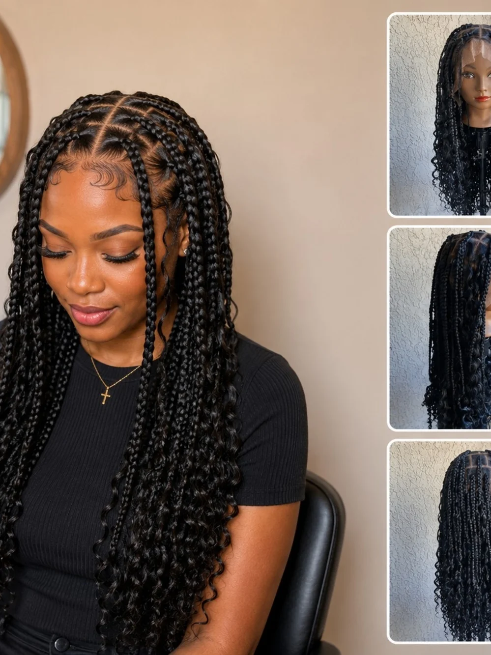 Premium Black Long Box Braids Wig with Curly Ends - Women Hair